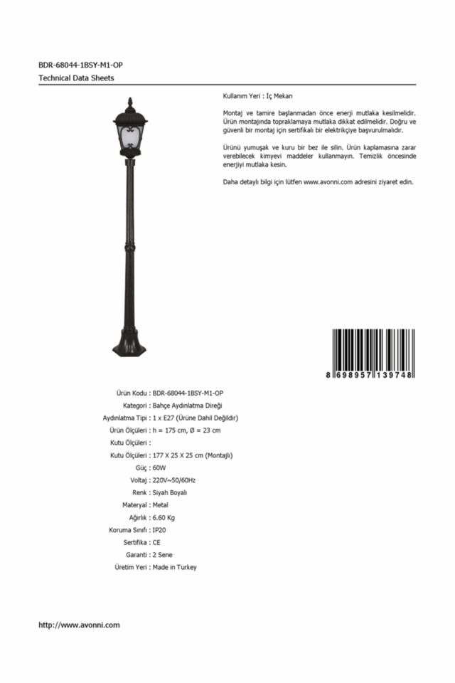 Bahçe Direkleri E27 12W 23cm Alüminyum Siyah Dorbien-BDR-68044-1BSY-M1-OP