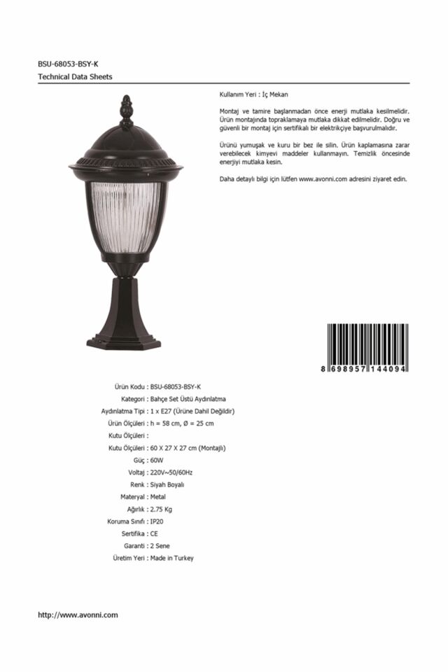 Bahçe Set Üstü Aydınlatma E27 12W 25cm Alüminyum Siyah Dorbien-BSU-68053-BSY-K
