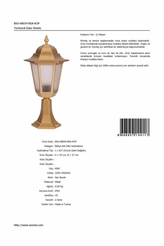 Bahçe Set Üstü Aydınlatma E27 12W 27cm Alüminyum Sarı Dorbien-BSU-68054-BSA-KOP