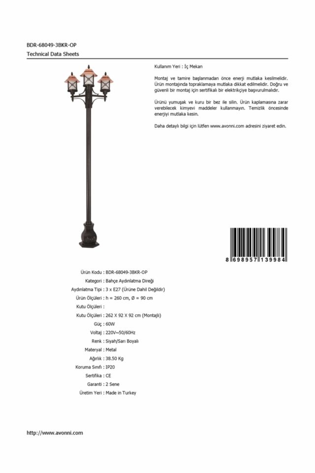 Bahçe Direkleri E27 36W 90cm Alüminyum Sarı/Siyah Dorbien-BDR-68049-3BKR-OP