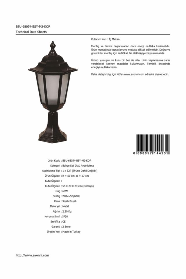 Bahçe Set Üstü Aydınlatma E27 12W 27cm Alüminyum Siyah Dorbien-BSU-68054-BSY-M2-KOP