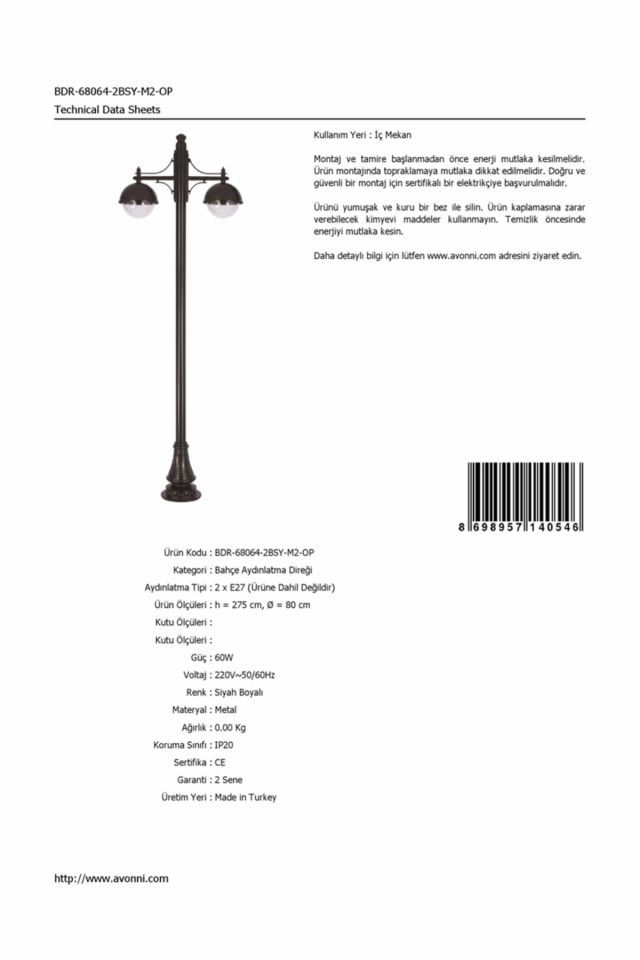 Bahçe Direkleri E27 24W 80cm Alüminyum Siyah Dorbien-BDR-68064-2BSY-M2-OP