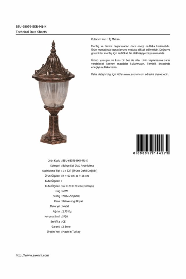 Bahçe Set Üstü Aydınlatma E27 12W 26cm Alüminyum Kahverengi Dorbien-BSU-68056-BKR-M1-K