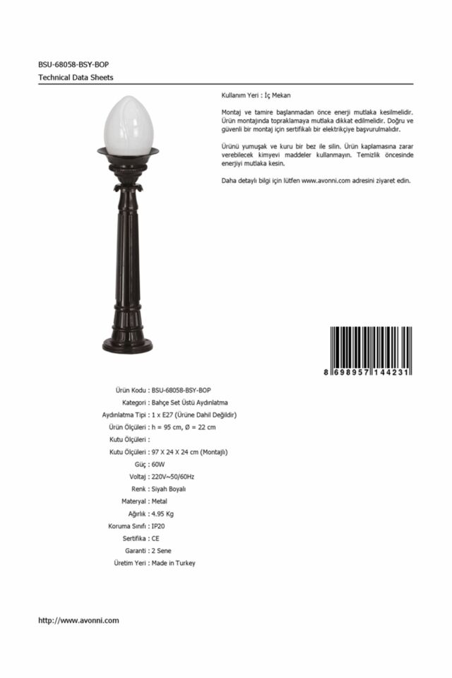 Bahçe Set Üstü Aydınlatma E27 12W 22cm Alüminyum Siyah Dorbien-BSU-68058-BSY-BOP