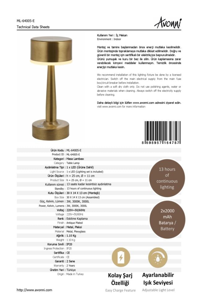 Acceptance Çalışma Masası Lambası LED 3W 11cm Metal Eskitme Avonni-ML-64005-E