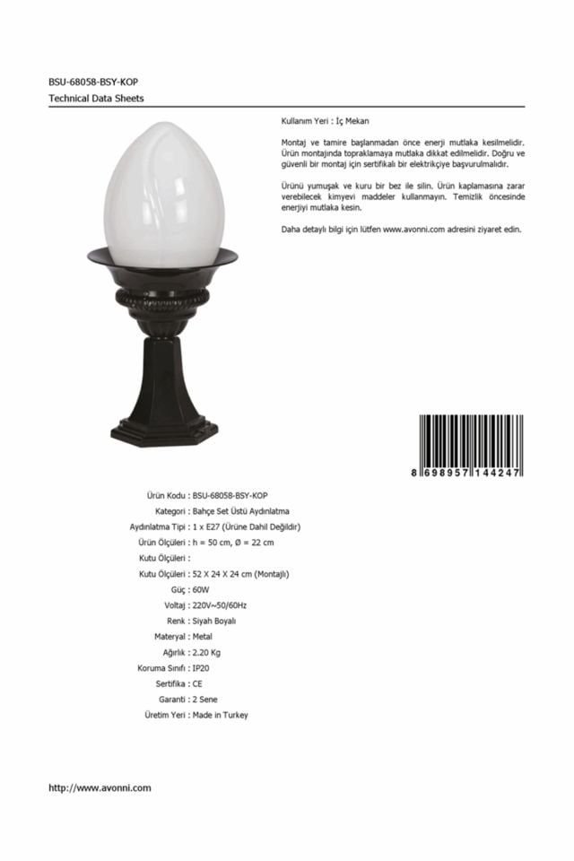 Bahçe Set Üstü Aydınlatma E27 12W 22cm Alüminyum Siyah Dorbien-BSU-68058-BSY-KOP