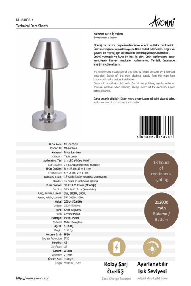 Tracy Çalışma Masası Lambası LED 3W 11cm Metal Krom Avonni-ML-64006-K