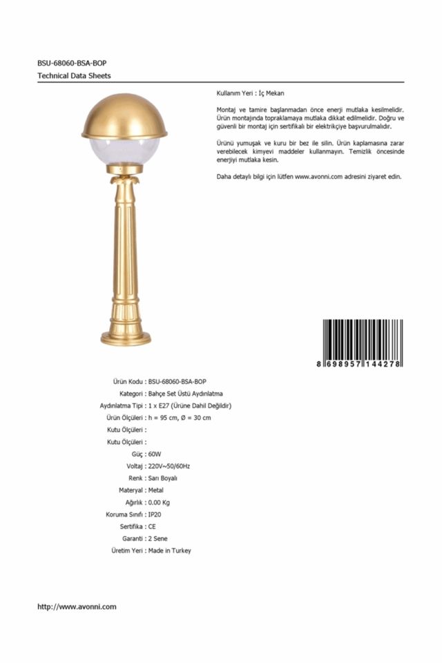 Bahçe Set Üstü Aydınlatma E27 12W 30cm Alüminyum Sarı Dorbien-BSU-68060-BSA-BOP