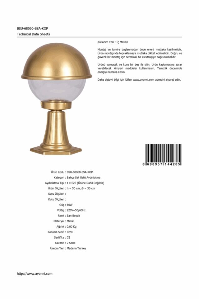 Bahçe Set Üstü Aydınlatma E27 12W 30cm Alüminyum Sarı Dorbien-BSU-68060-BSA-KOP