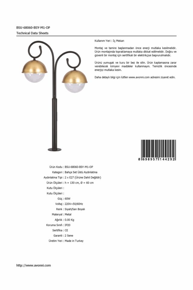Bahçe Set Üstü Aydınlatma E27 24W 60cm Alüminyum Sarı/Siyah Dorbien-BSU-68060-BSY-M1-OP