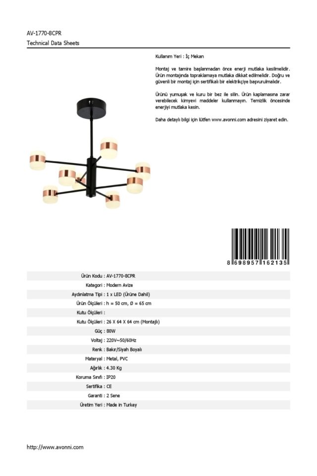 Roll Modern Avize LED 80W 65cm Metal Bakır Avonni-AV-1770-8CPR