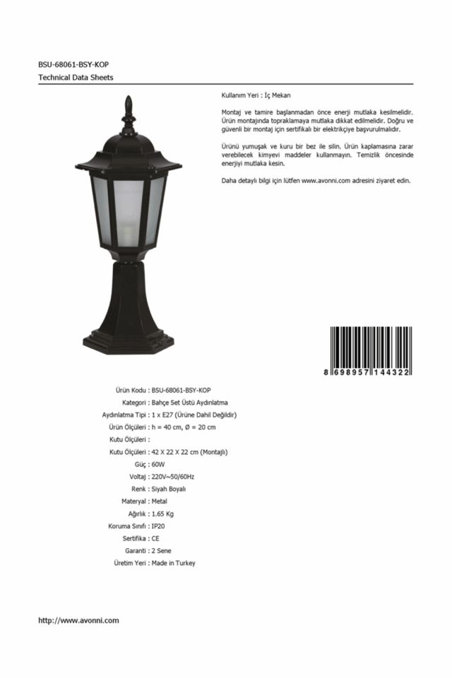 Bahçe Set Üstü Aydınlatma E27 12W 20cm Alüminyum Siyah Dorbien-BSU-68061-BSY-KOP