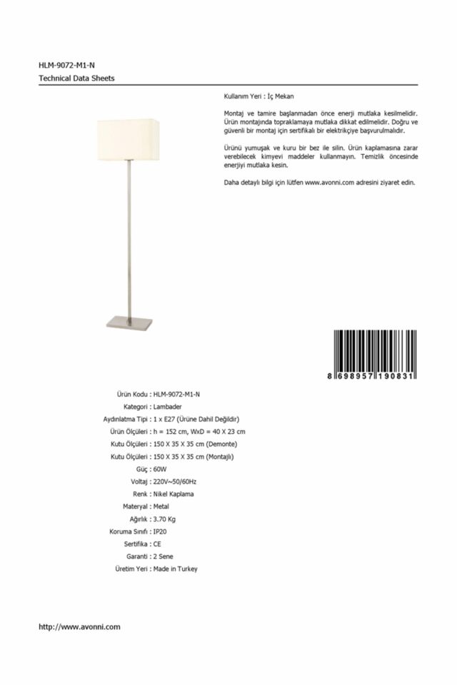 Atlanta Lambader E27 12W 40x23cm Metal Nikel Avonni-HLM-9072-M1-N