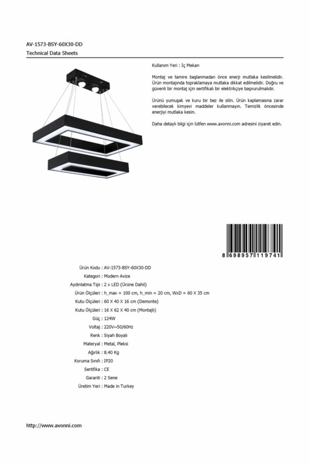 Ada Modern Avize LED 62W 60x35cm Metal Siyah Avonni-AV-1573-BSY-60X30-DD