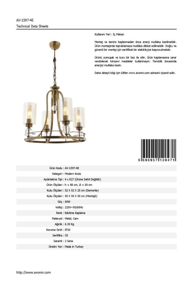 Dorinda Modern Avize E27 48W 50cm Metal Eskitme Avonni-AV-1597-4E