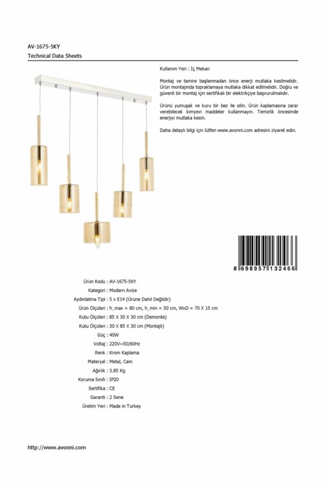 Mix Modern Avize E14 30W 70x15cm Metal Krom Avonni-AV-1675-5KY
