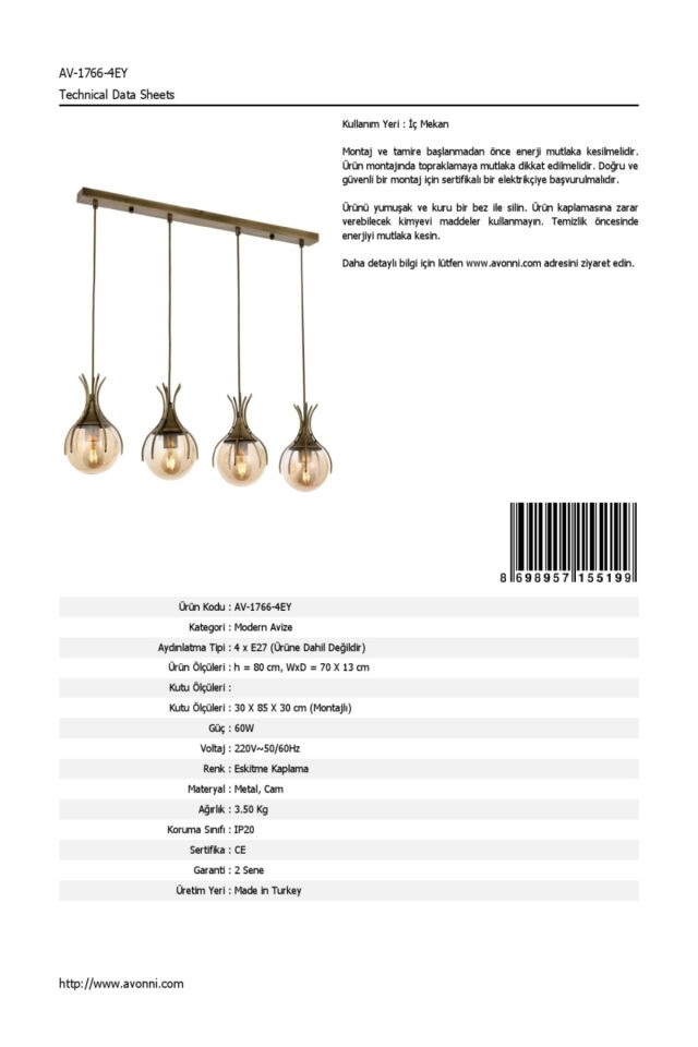 Kasım Modern Avize E27 48W 70x13cm Metal Eskitme Avonni-AV-1766-4EY
