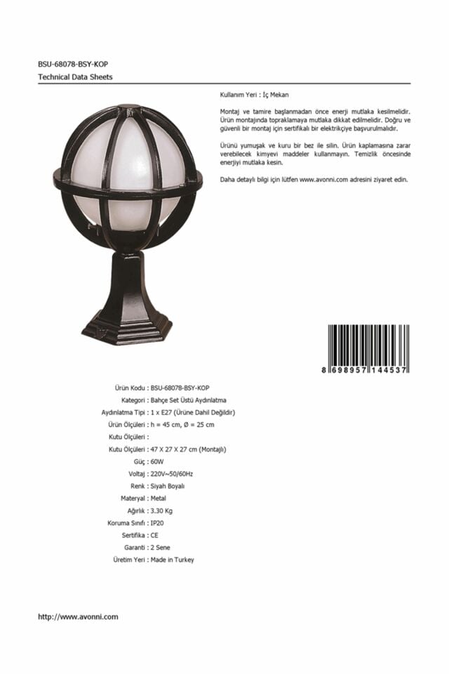 Bahçe Set Üstü Aydınlatma E27 12W 25cm Alüminyum Siyah Dorbien-BSU-68078-BSY-KOP