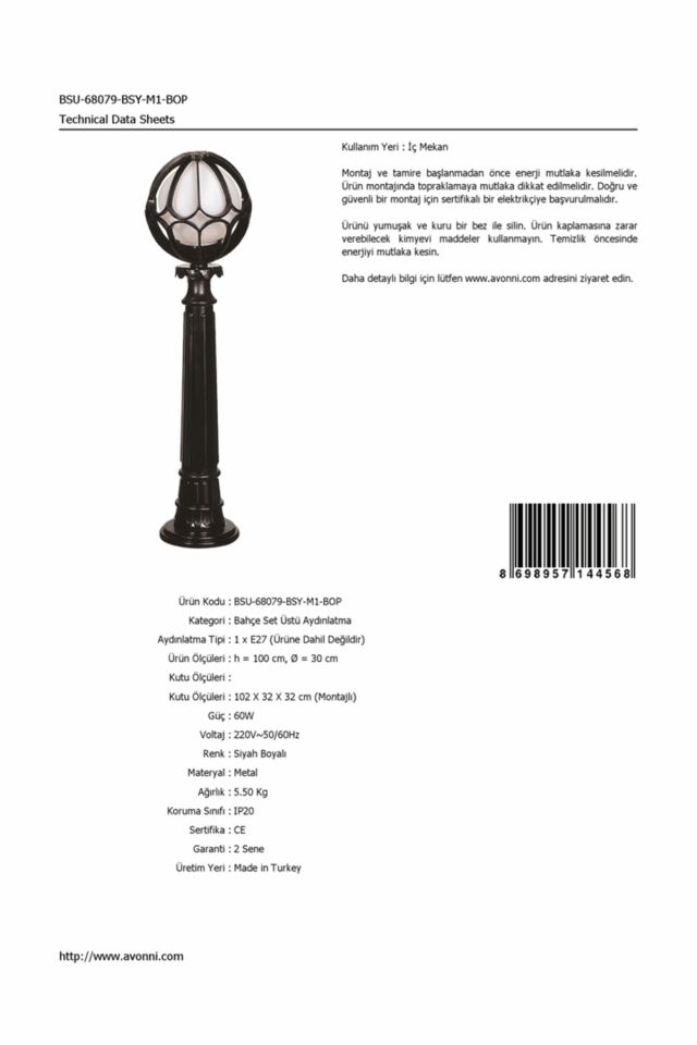 Bahçe Set Üstü Aydınlatma E27 12W 30cm Alüminyum Siyah Dorbien-BSU-68079-BSY-M1-BOP