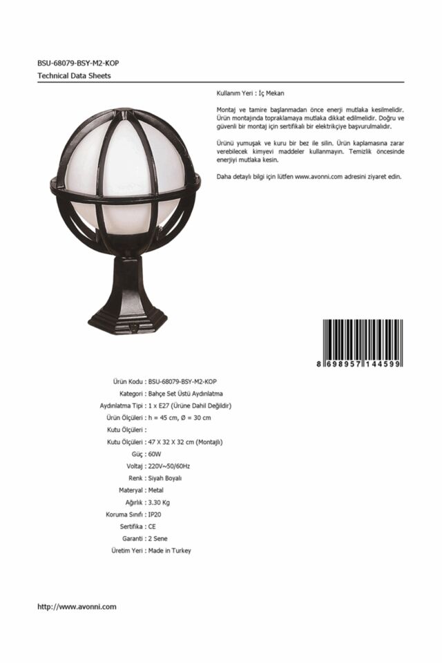 Bahçe Set Üstü Aydınlatma E27 12W 30cm Alüminyum Siyah Dorbien-BSU-68079-BSY-M2-KOP