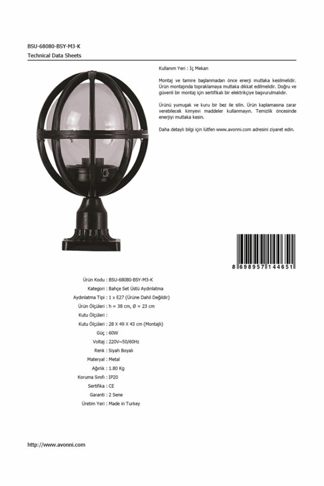 Bahçe Set Üstü Aydınlatma E27 12W 23cm ABS Siyah Dorbien-BSU-68080-BSY-M3-K