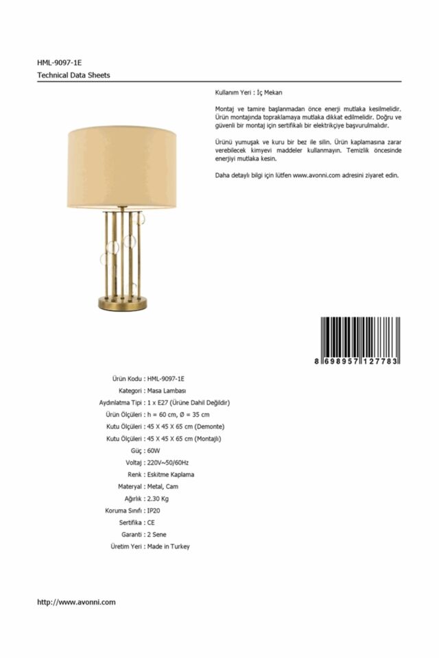 Rento Abajur E27 12W 35cm Metal Eskitme Avonni-HML-9097-1E