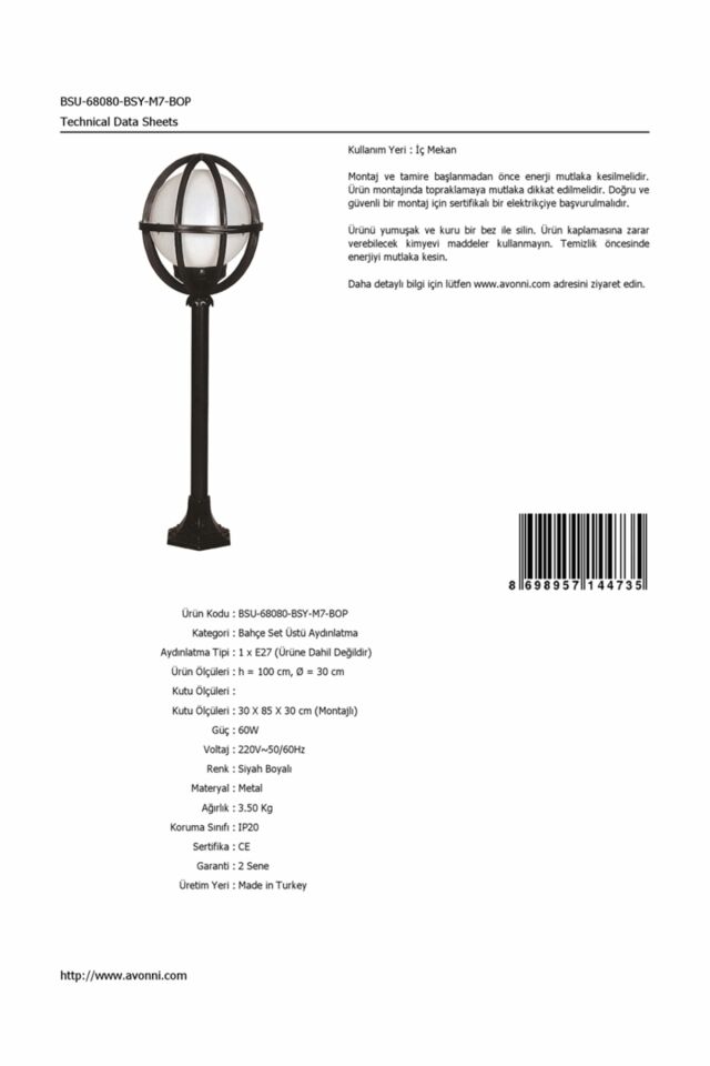 Bahçe Set Üstü Aydınlatma E27 12W 30cm ABS Siyah Dorbien-BSU-68080-BSY-M7-BOP
