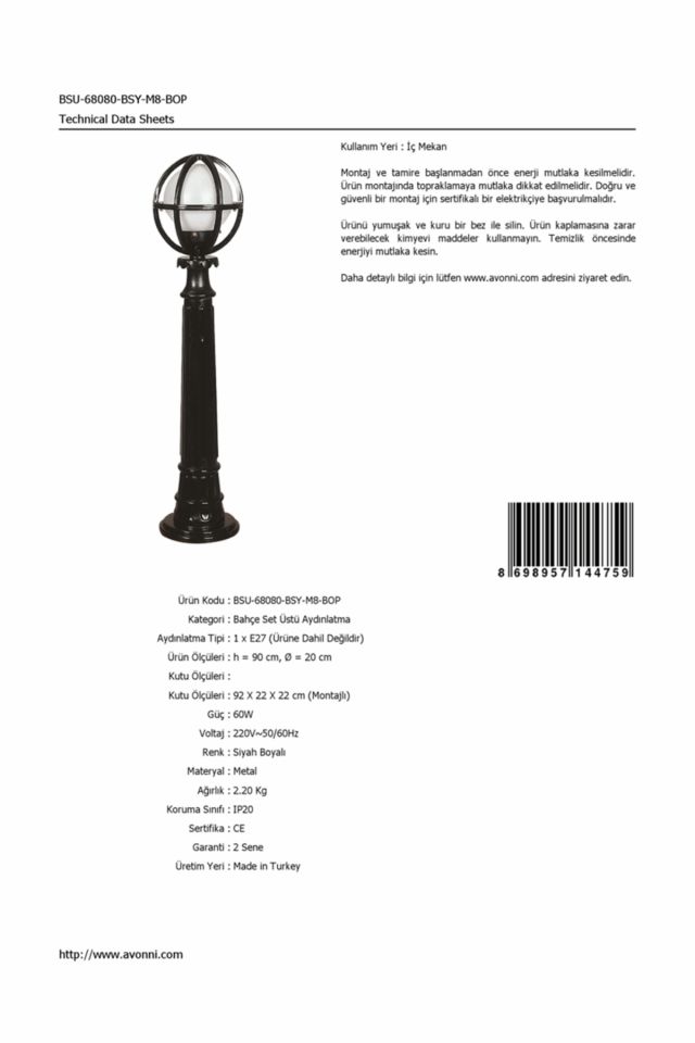 Bahçe Set Üstü Aydınlatma E27 12W 20cm ABS Siyah Dorbien-BSU-68080-BSY-M8-BOP