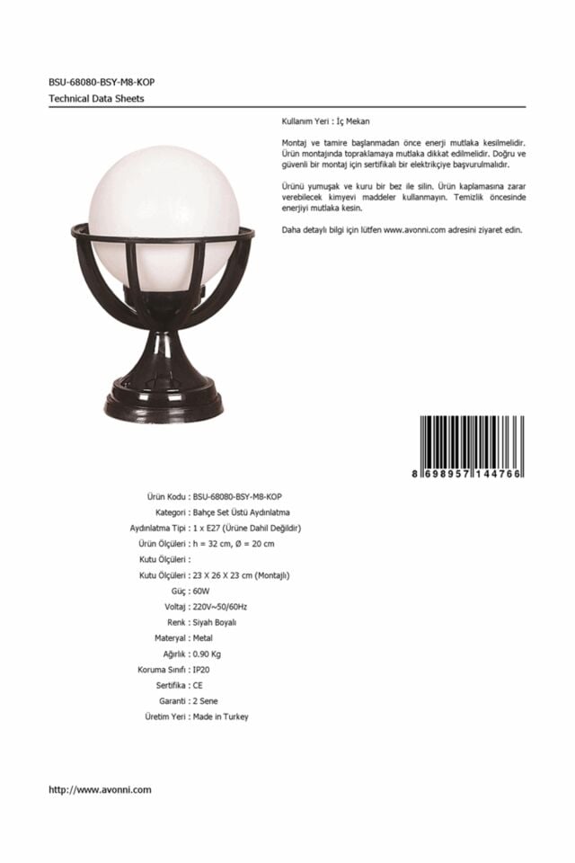 Bahçe Set Üstü Aydınlatma E27 12W 20cm ABS Siyah Dorbien-BSU-68080-BSY-M8-KOP
