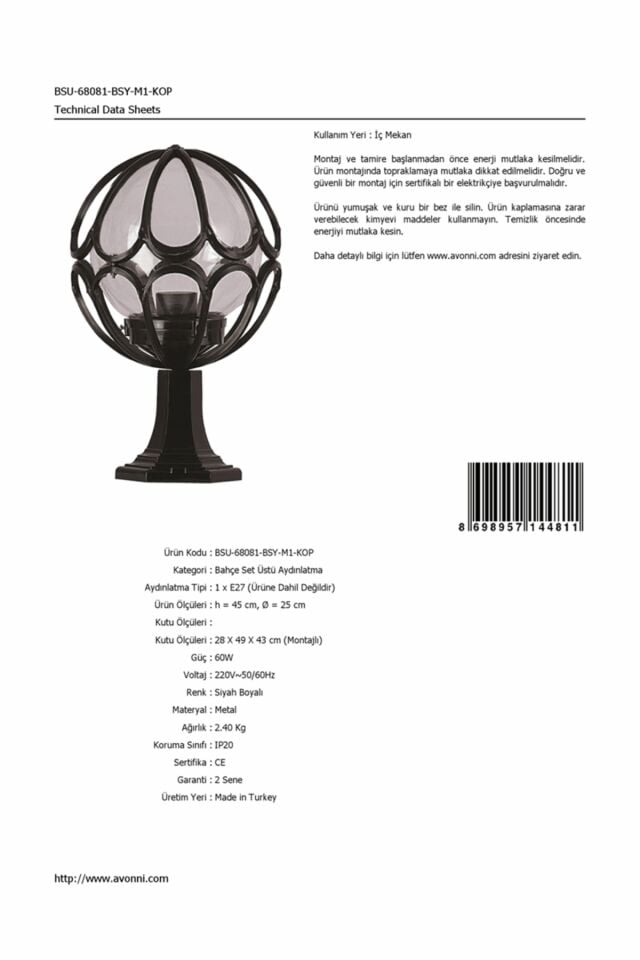 Bahçe Set Üstü Aydınlatma E27 12W 25cm Alüminyum Siyah Dorbien-BSU-68081-BSY-M1-KOP