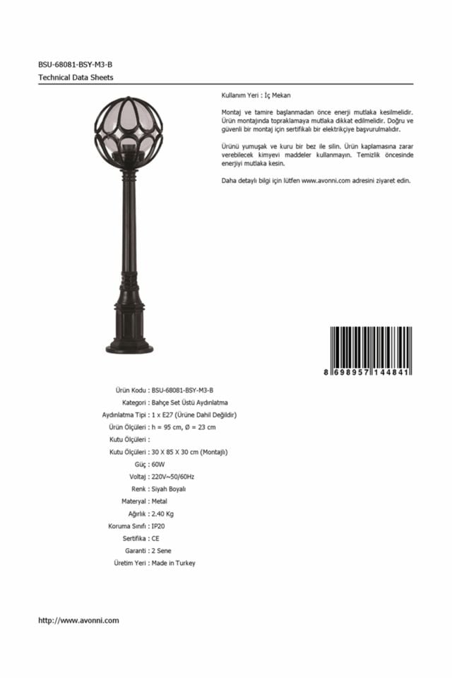 Bahçe Set Üstü Aydınlatma E27 12W 23cm ABS Siyah Dorbien-BSU-68081-BSY-M3-B