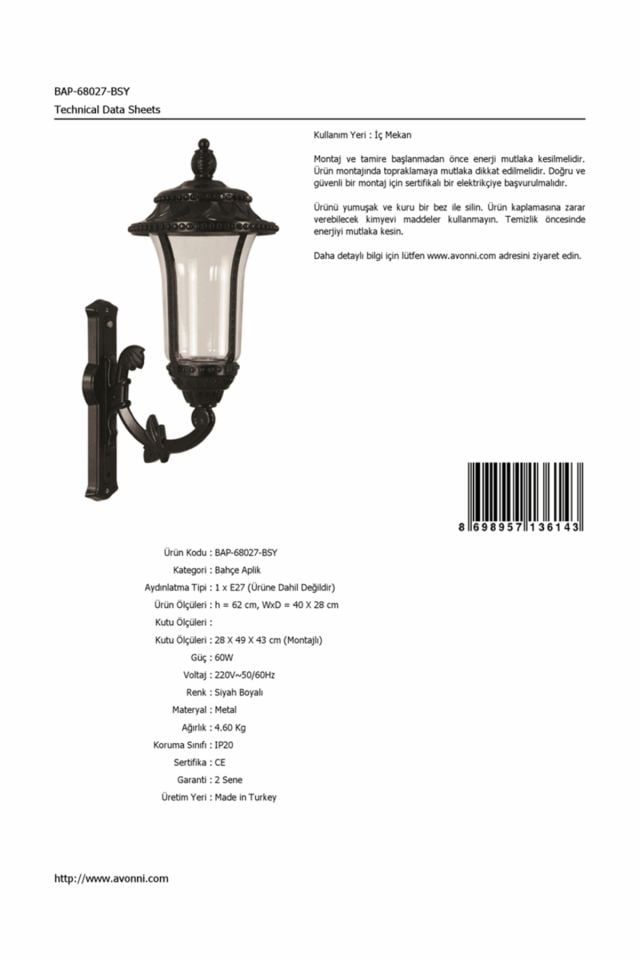 Bahçe Aplik E27 12W 40x28cm Alüminyum Siyah Dorbien-BAP-68027-BSY