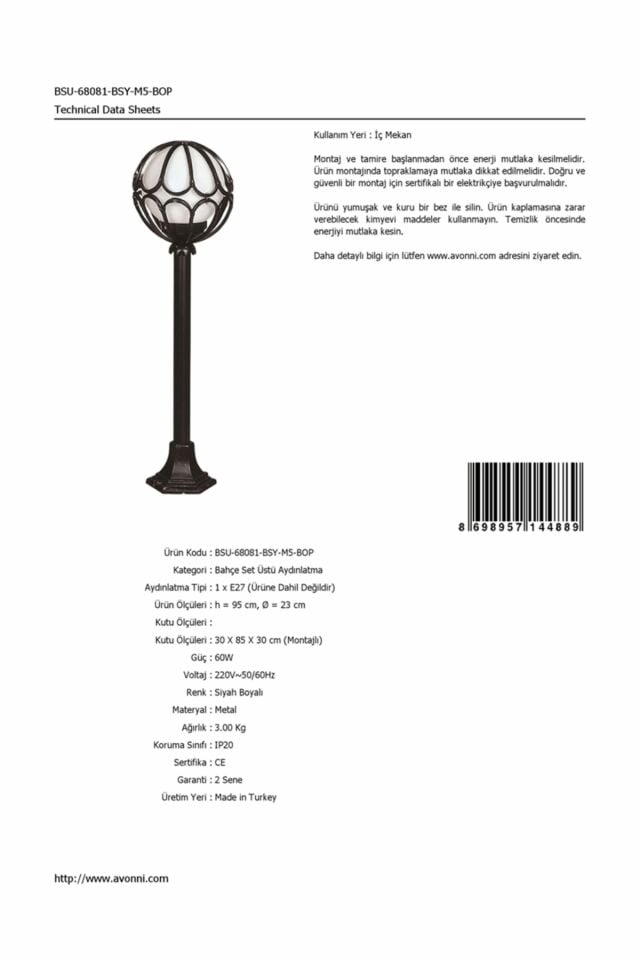Bahçe Set Üstü Aydınlatma E27 12W 23cm ABS Siyah Dorbien-BSU-68081-BSY-M5-BOP