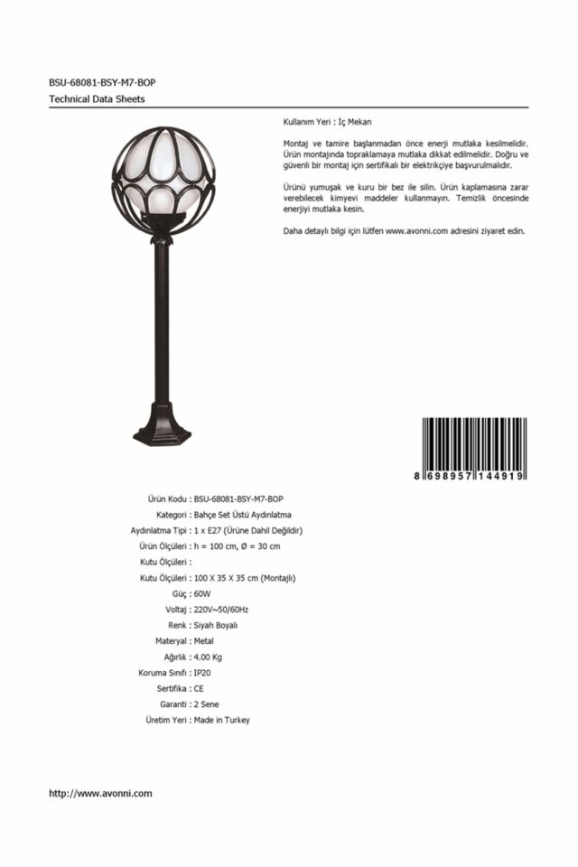 Bahçe Set Üstü Aydınlatma E27 12W 30cm ABS Siyah Dorbien-BSU-68081-BSY-M7-BOP