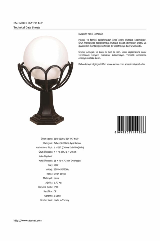 Bahçe Set Üstü Aydınlatma E27 12W 30cm ABS Siyah Dorbien-BSU-68081-BSY-M7-KOP
