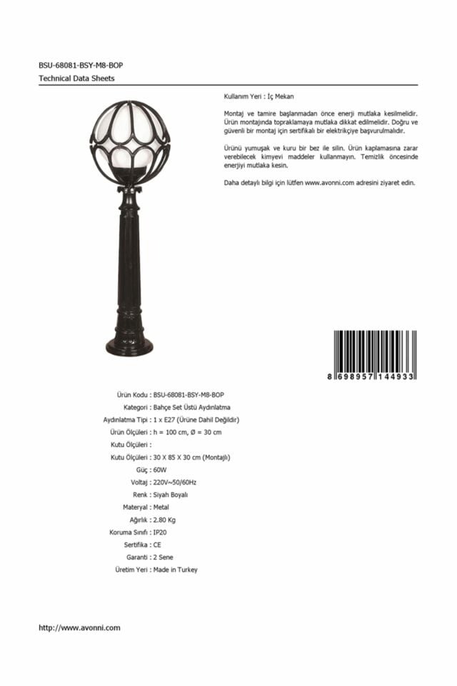 Bahçe Set Üstü Aydınlatma E27 12W 30cm ABS Siyah Dorbien-BSU-68081-BSY-M8-BOP