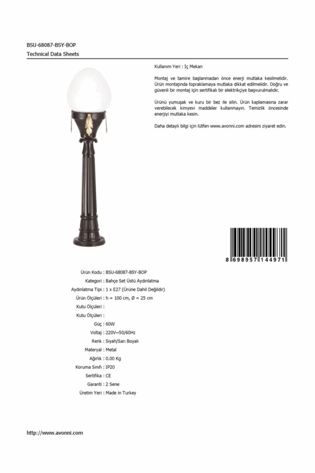 Bahçe Set Üstü Aydınlatma E27 12W 25cm Alüminyum Sarı/Siyah Dorbien-BSU-68087-BSY-BOP