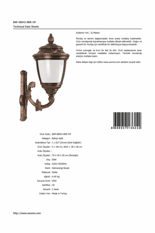 Bahçe Aplik E27 12W 38x28cm Alüminyum Kahverengi Dorbien-BAP-68041-BKR-OP