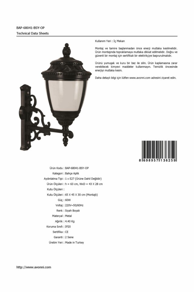 Bahçe Aplik E27 12W 43x28cm Alüminyum Siyah Dorbien-BAP-68041-BSY-OP
