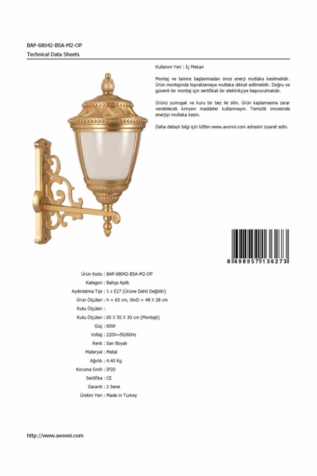 Bahçe Aplik E27 12W 48x28cm Alüminyum Sarı Dorbien-BAP-68042-BSA-M2-OP