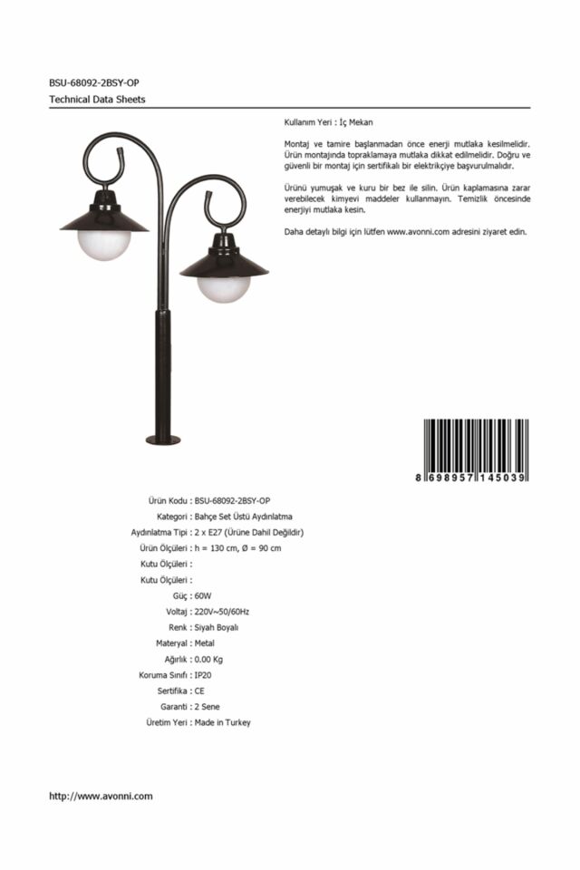 Bahçe Set Üstü Aydınlatma E27 24W 90cm Alüminyum Siyah Dorbien-BSU-68092-2BSY-OP