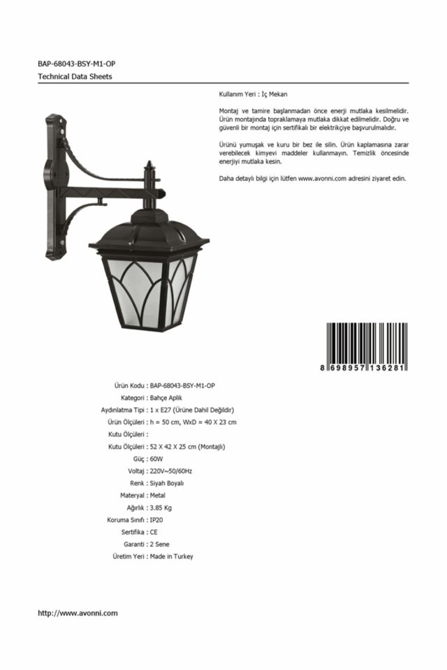 Bahçe Aplik E27 12W 40x23cm Alüminyum Siyah Dorbien-BAP-68043-BSY-M1-OP