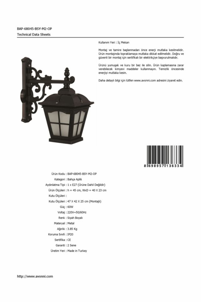 Bahçe Aplik E27 12W 40x23cm Alüminyum Siyah Dorbien-BAP-68045-BSY-M2-OP