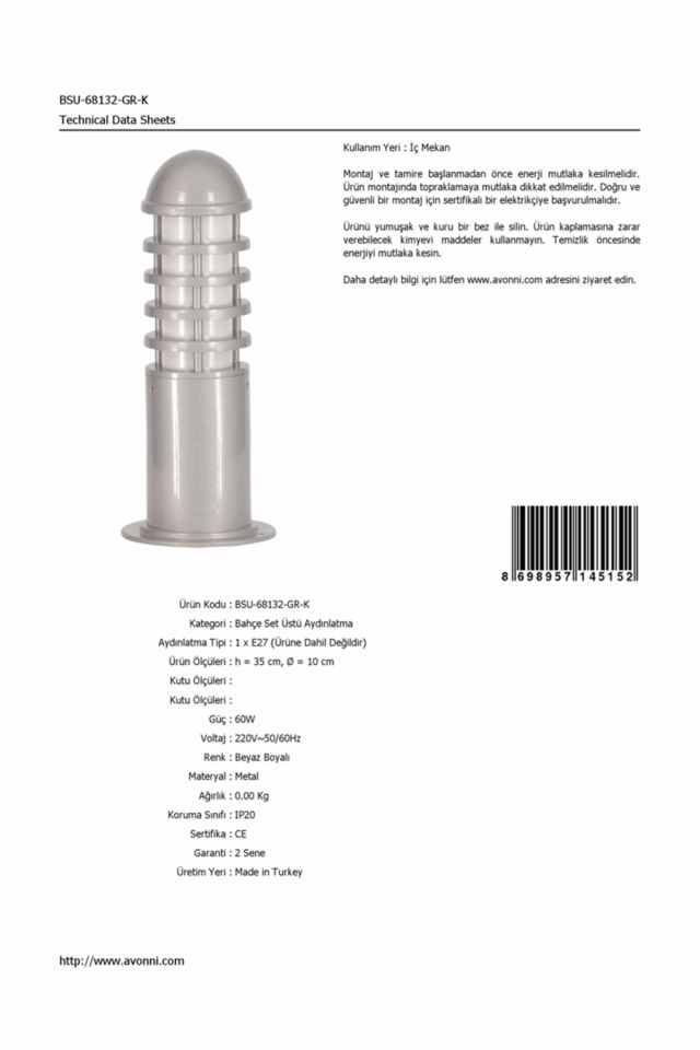 Bahçe Set Üstü Aydınlatma E27 12W 10cm Alüminyum Beyaz Dorbien-BSU-68132-GR-K