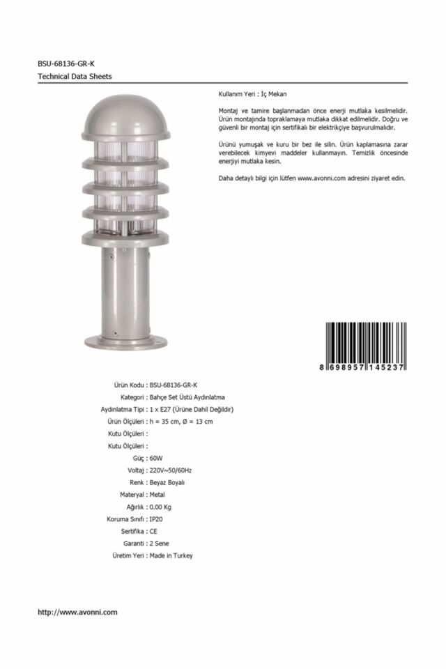 Bahçe Set Üstü Aydınlatma E27 12W 13cm Alüminyum Beyaz Dorbien-BSU-68136-GR-K