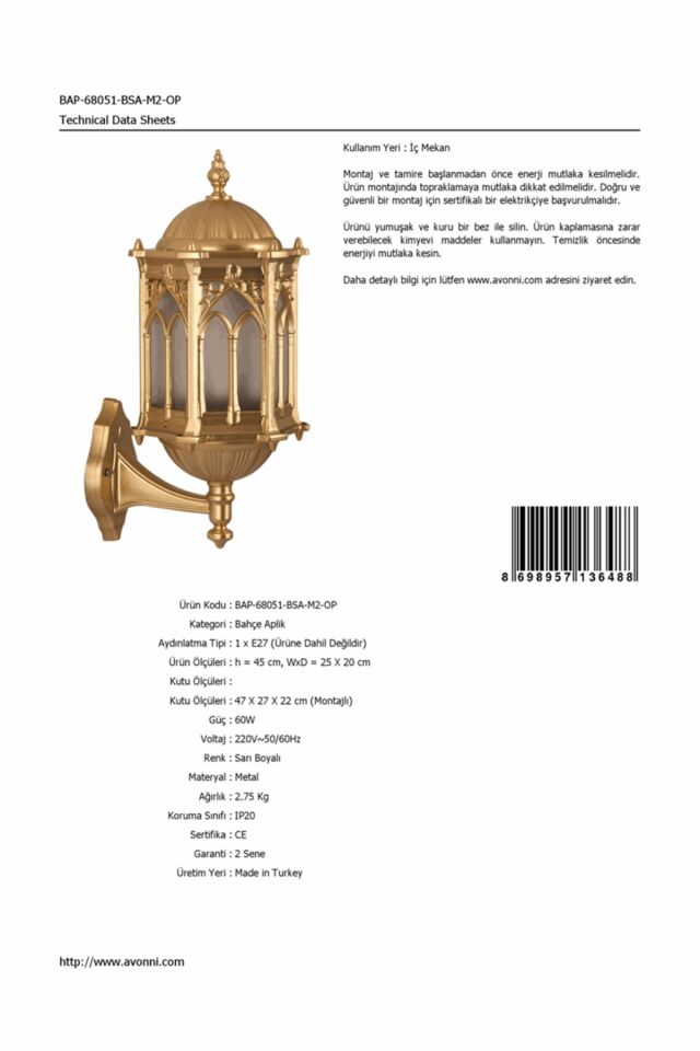 Bahçe Aplik E27 12W 25x20cm Alüminyum Sarı Dorbien-BAP-68051-BSA-M2-OP