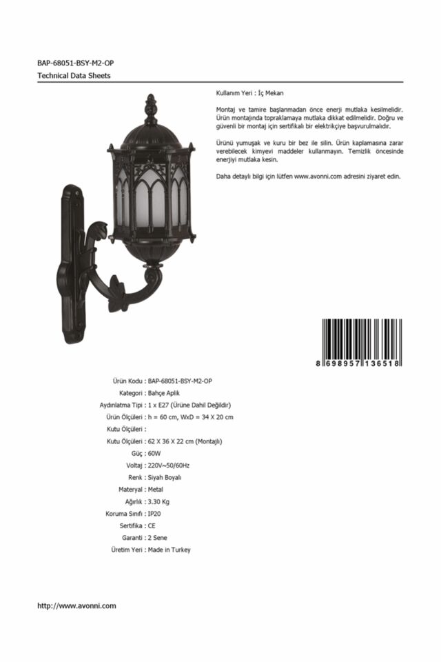 Bahçe Aplik E27 12W 34x20cm Alüminyum Siyah Dorbien-BAP-68051-BSY-M2-OP