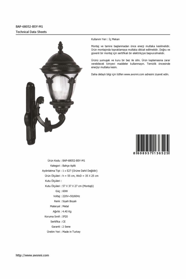 Bahçe Aplik E27 12W 35x25cm Alüminyum Siyah Dorbien-BAP-68052-BSY-M1
