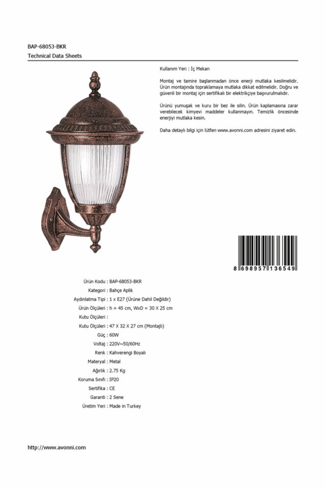 Bahçe Aplik E27 12W 30x25cm Alüminyum Kahverengi Dorbien-BAP-68053-BKR