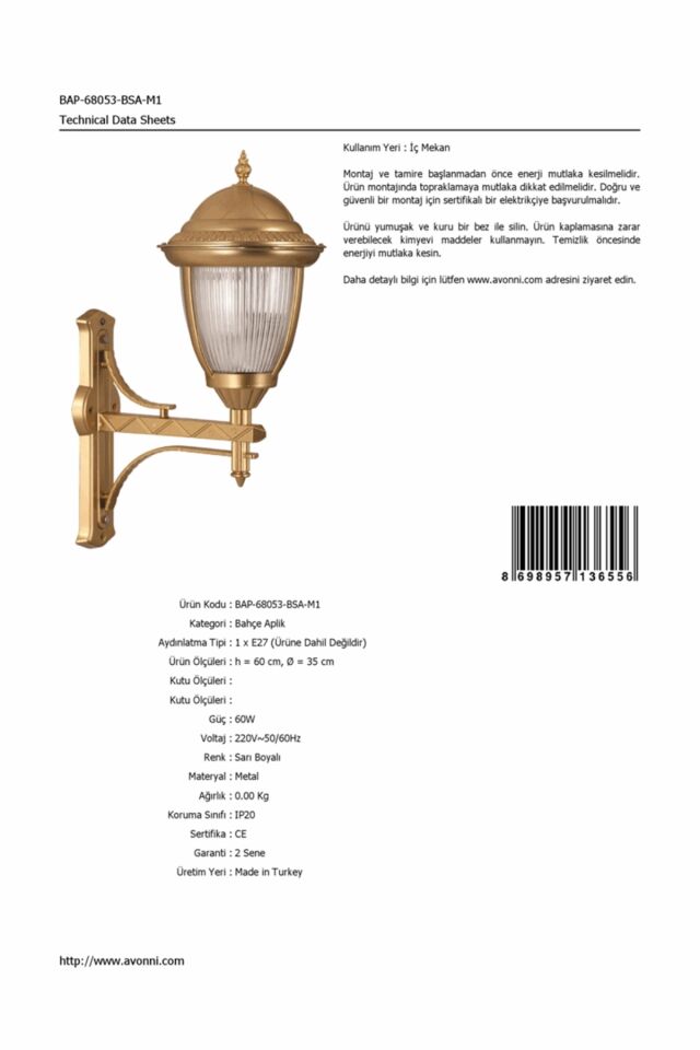 Bahçe Aplik E27 12W 35cm Alüminyum Sarı Dorbien-BAP-68053-BSA-M1